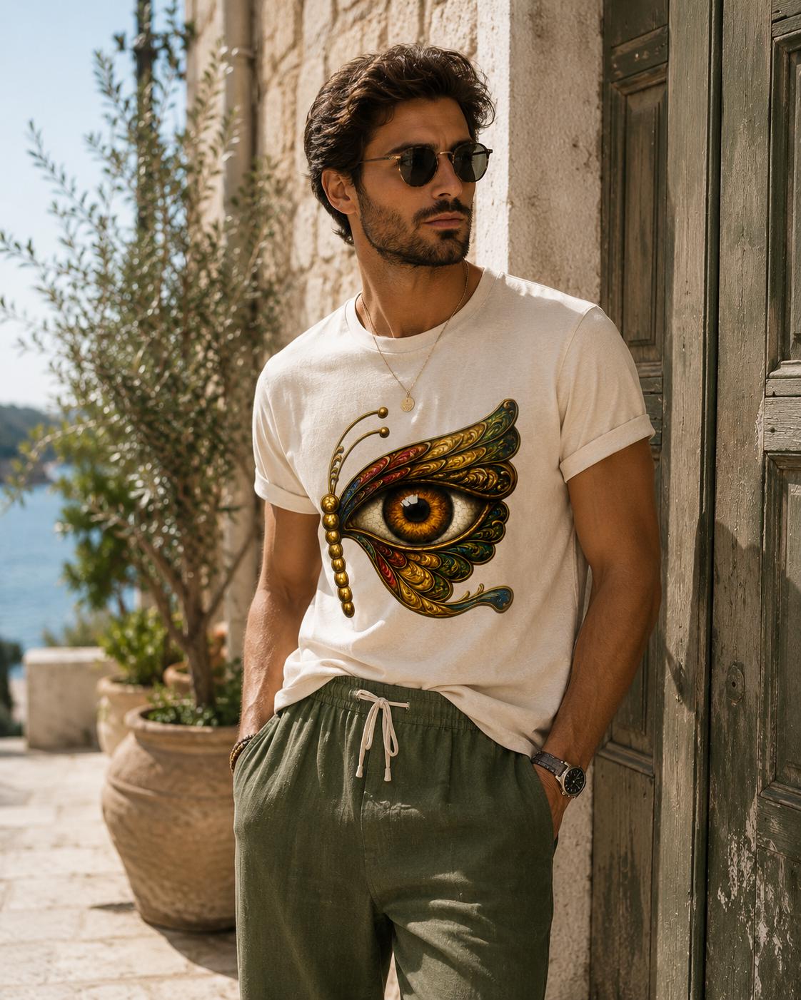 Evil Eye Butterfly T-Shirt, Hand Drawn Sicilian Art Tee - photo 4