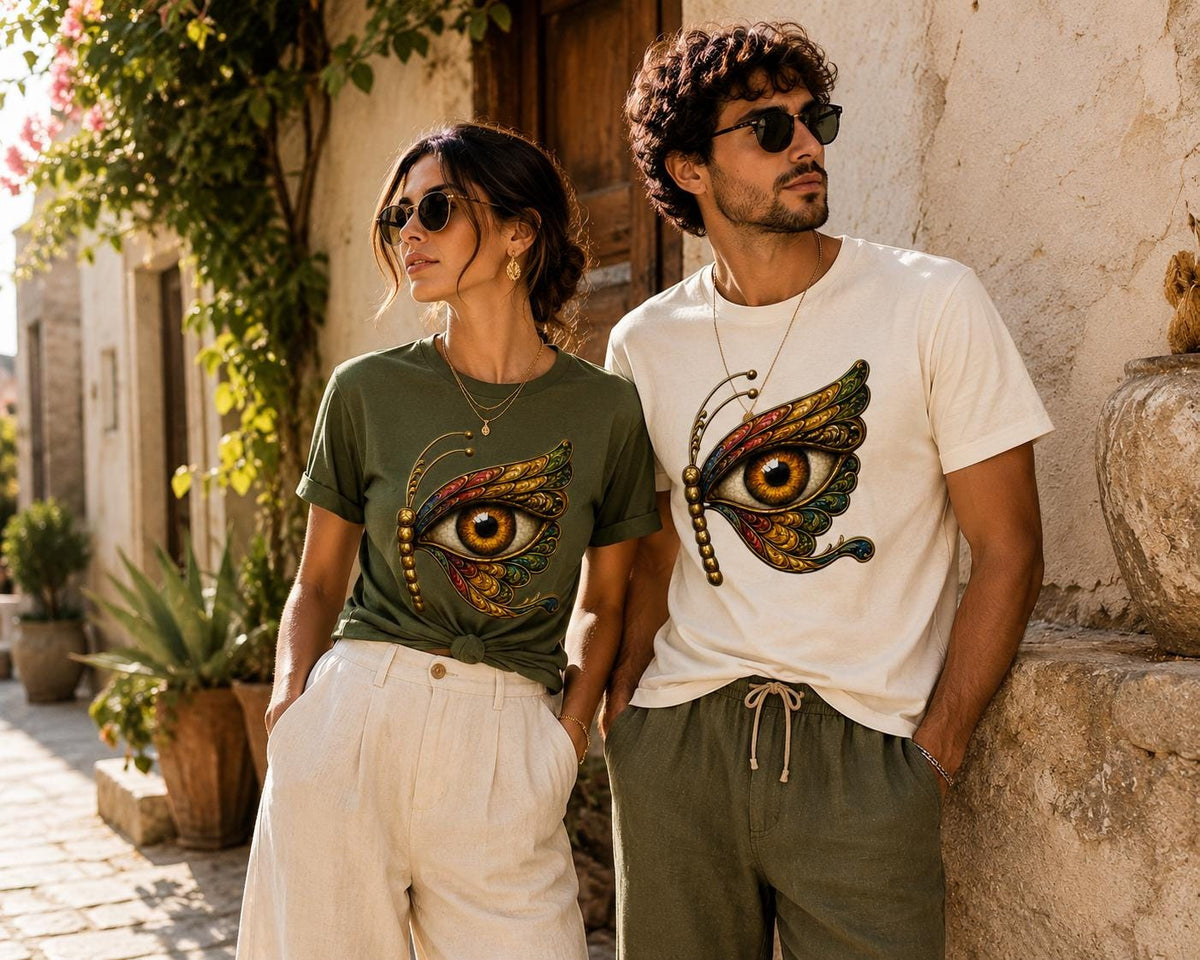 Evil Eye Butterfly T-Shirt, Hand Drawn Sicilian Art Tee - photo 3