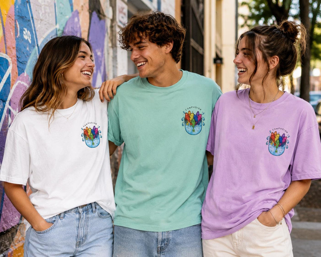 Confusion Rainbow Fish Pocket Tee, Schooling Fish Shirt - photo 4