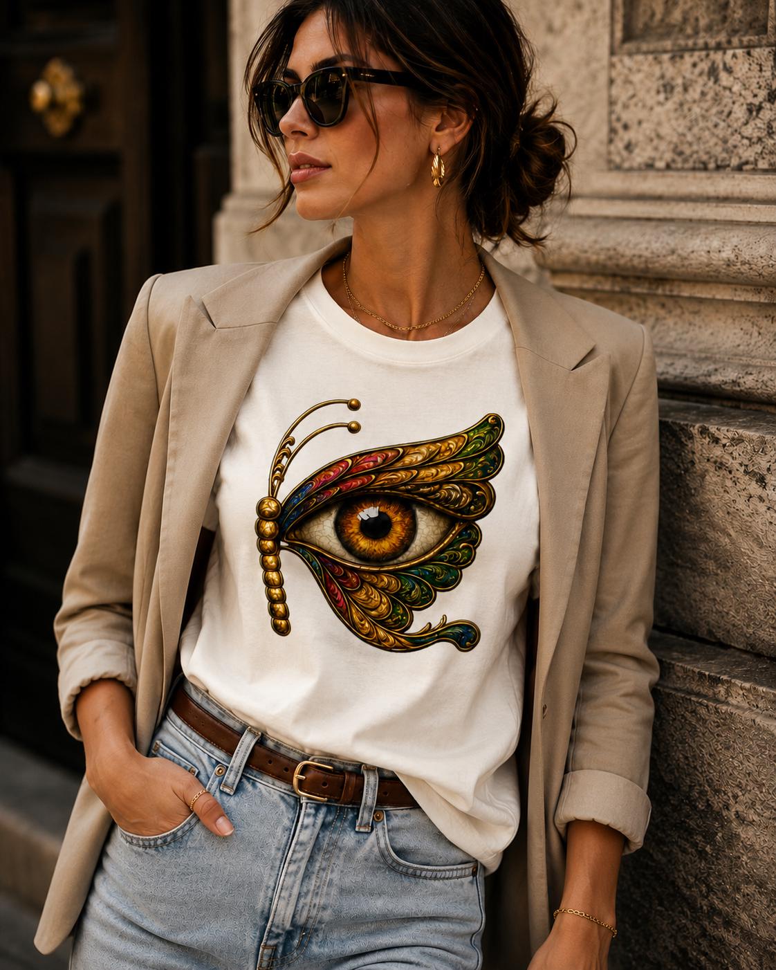 Evil Eye Butterfly T-Shirt, Hand Drawn Sicilian Art Tee - photo 1
