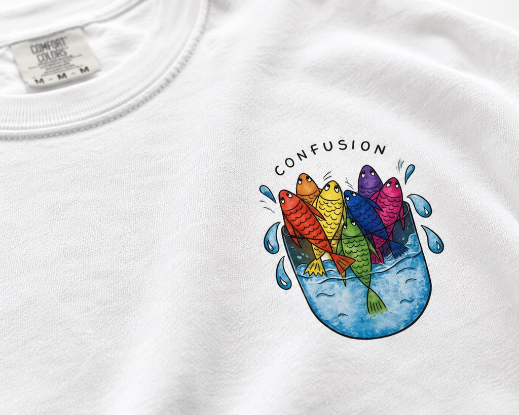 Confusion Rainbow Fish Pocket Tee, Schooling Fish Shirt - photo 1
