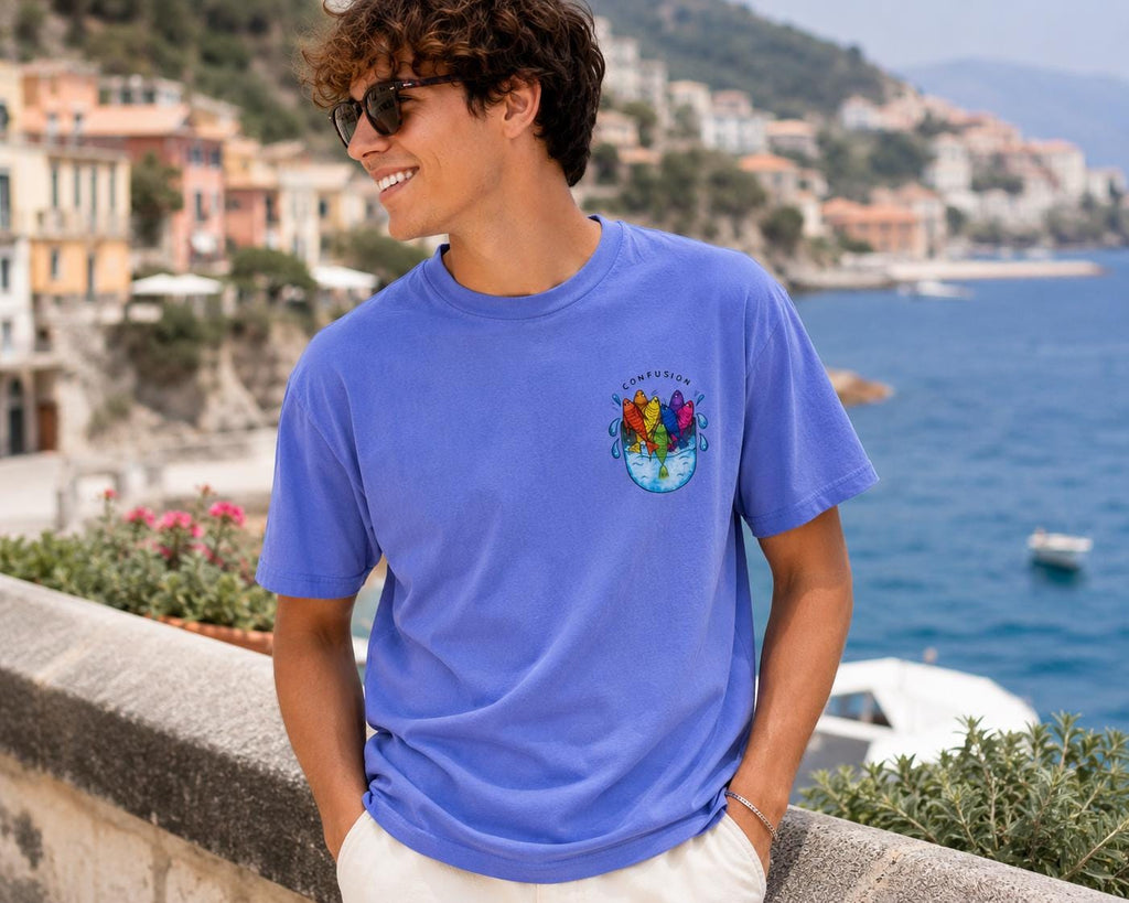 Confusion Rainbow Fish Pocket Tee, Schooling Fish Shirt - photo 3